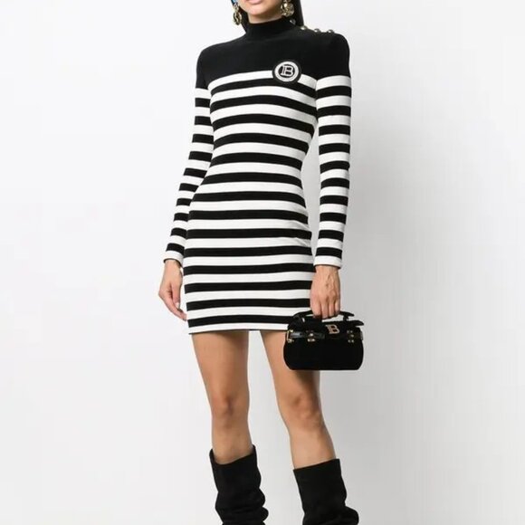 Balmain Black & White Striped Velvet Long-Sleeve Mini Dress - Picture 1 of 14